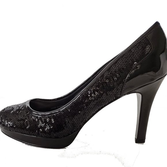 Tahari Black Sequined Platform High Heeled Pumps 8 1/2 8.5  M Patent Never Worn - Picture 7 of 8